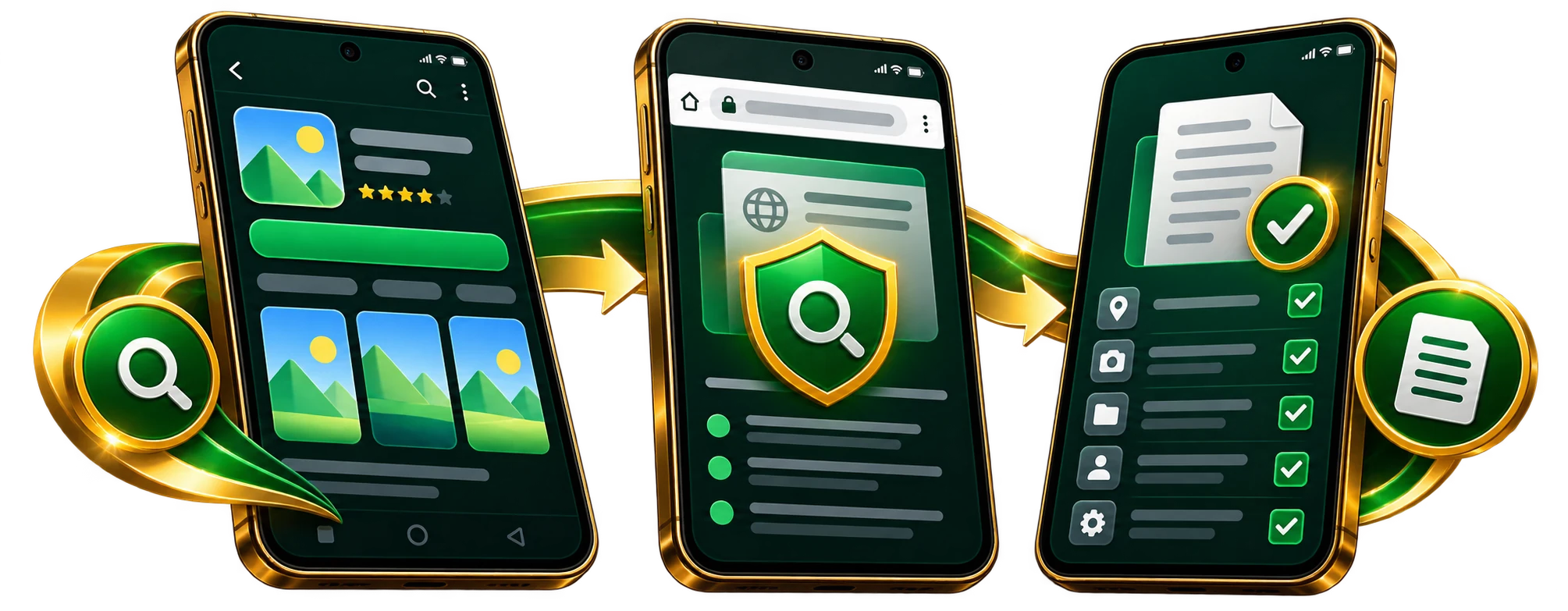 Yono Games APK safety guide: three phone illustrations for checking the game listing, download source, permissions and terms before installation
