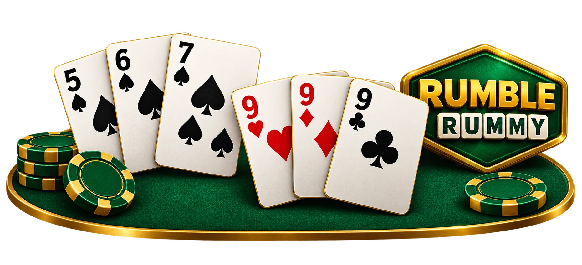 Rumble Rummy guide artwork with a spade sequence, a set of nines and playing chips