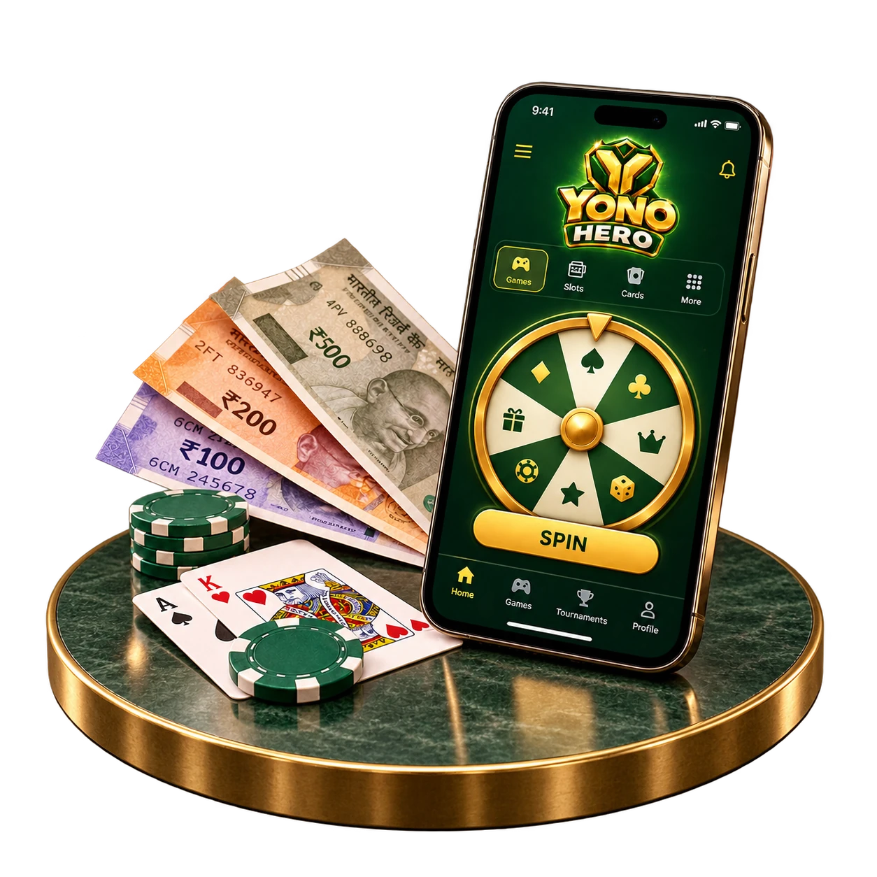 Yono Hero logo in a game app on a phone beside Indian rupee notes, cards and a spin wheel